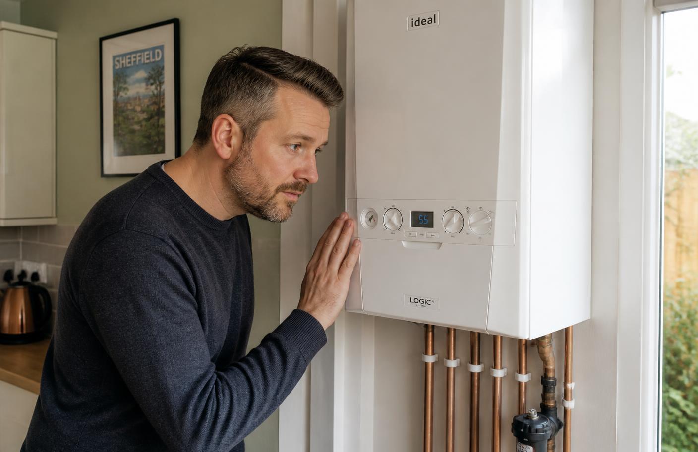 Homeowner in a Sheffield kitchen listening to a combi boiler making strange noises
